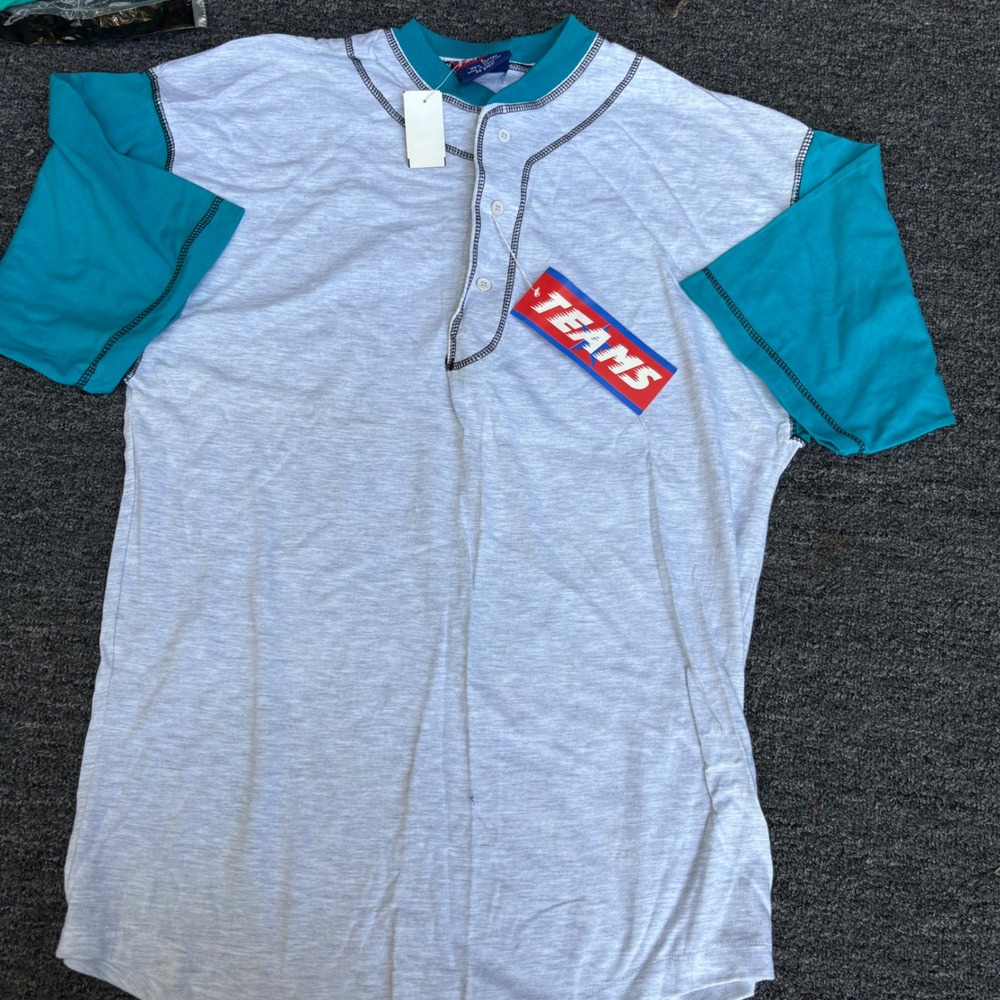 Vintage Teams Henley Baseball Shirt Mens Large Grey Teal 100% Cotton NWT